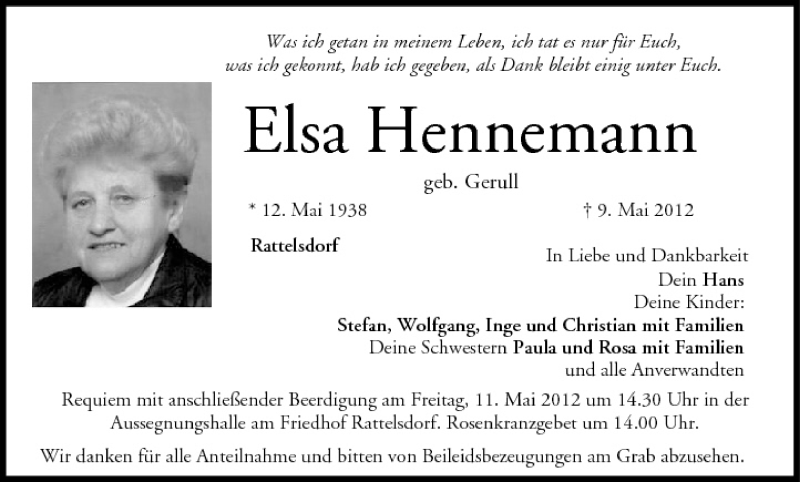  Traueranzeige für Elsa Hennemann vom 10.05.2012 aus MGO
