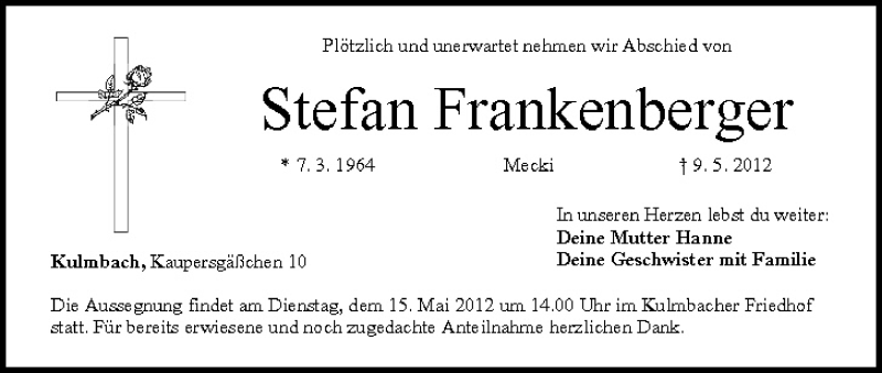  Traueranzeige für Stefan Frankenberger vom 11.05.2012 aus MGO