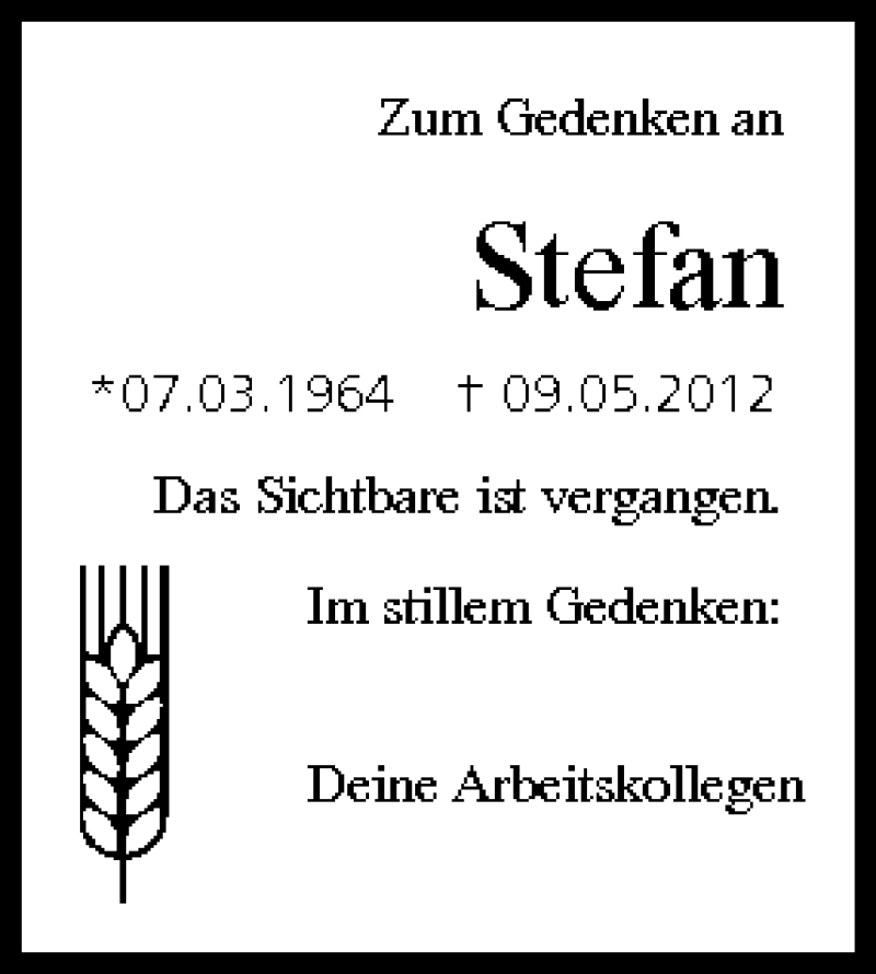  Traueranzeige für Stefan Frankenberger vom 12.05.2012 aus MGO