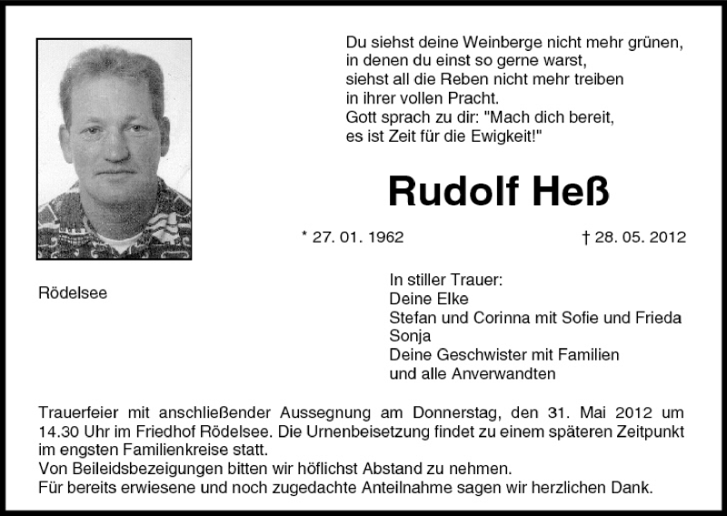 Rudolf Heß Traueranzeige trauer inFranken de