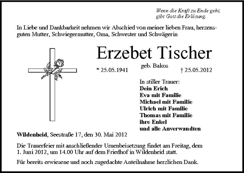  Traueranzeige für Erzebet Tischer vom 30.05.2012 aus MGO