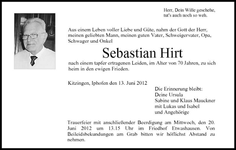 Sebastian Hirt Traueranzeige Trauer Infranken De