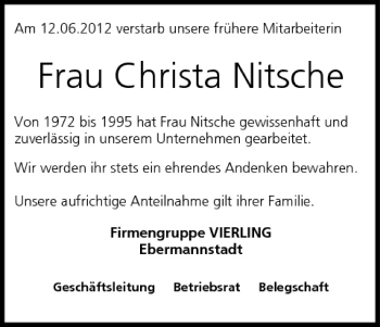 Christa Nitsche Traueranzeige Trauer InFranken De