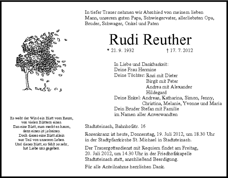  Traueranzeige für Rudi Reuther vom 19.07.2012 aus MGO