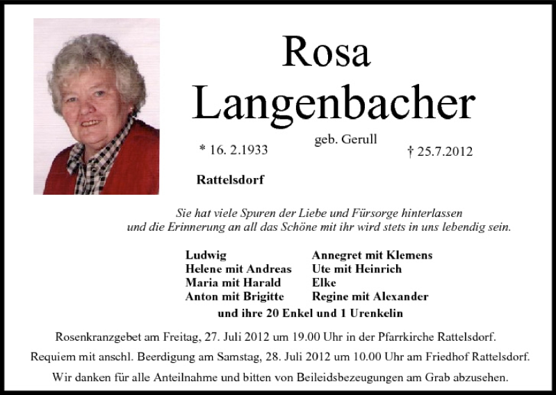  Traueranzeige für Rosa Langenbacher vom 26.07.2012 aus MGO