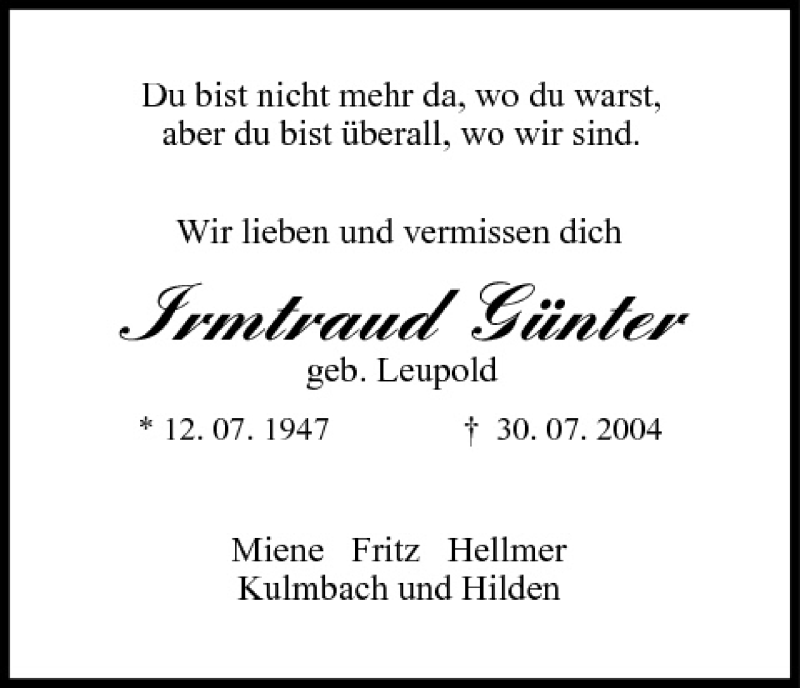  Traueranzeige für Irmtraud Günter vom 30.07.2012 aus MGO
