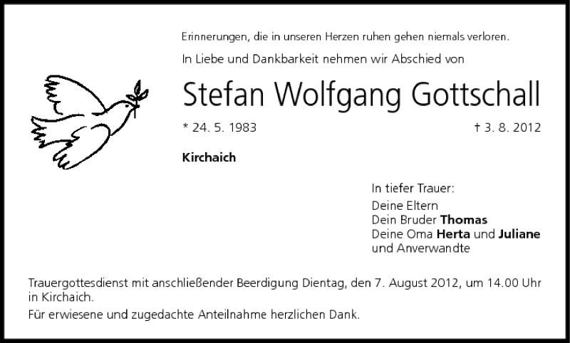  Traueranzeige für Stefan Wolfgang Gottschall vom 06.08.2012 aus MGO