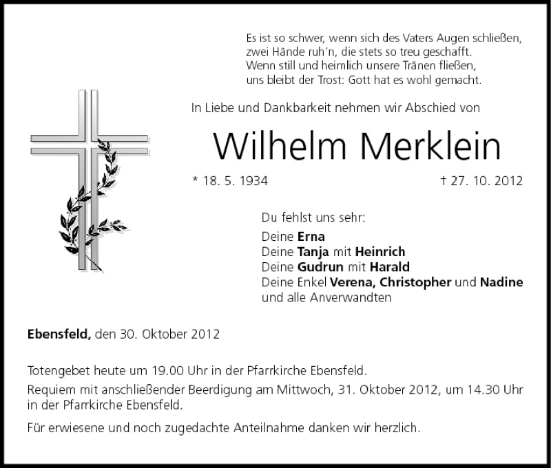  Traueranzeige für Wilhelm Merklein vom 30.10.2012 aus MGO