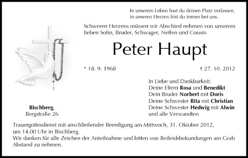  Traueranzeige für Peter Haupt vom 29.10.2012 aus MGO