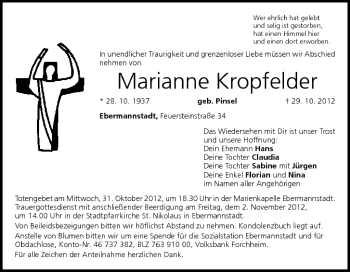 Marianne Kropfelder Traueranzeige Trauer InFranken De