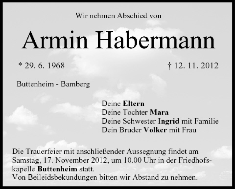 Armin Habermann Traueranzeige Trauer InFranken De