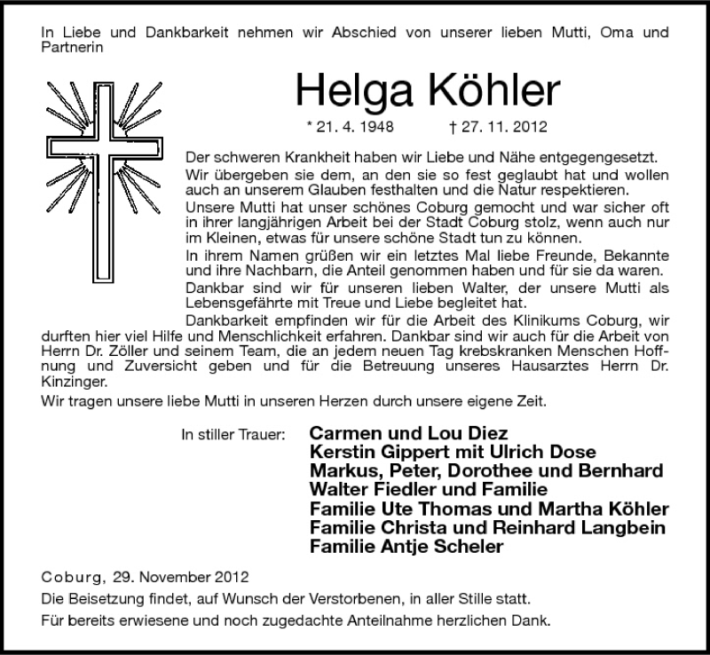 Helga K Hler Traueranzeige Trauer Infranken De