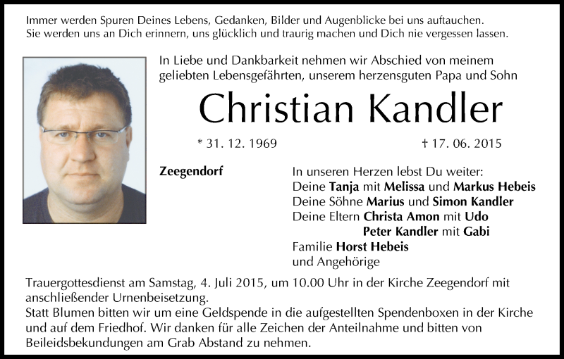  Traueranzeige für Christian Kandler vom 27.06.2015 aus MGO