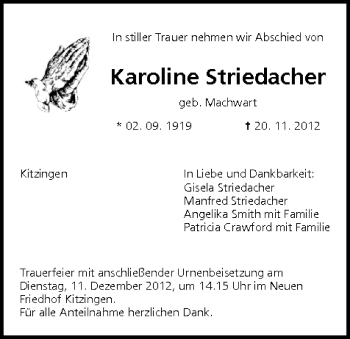 Karoline Striedacher Traueranzeige Trauer Infranken De