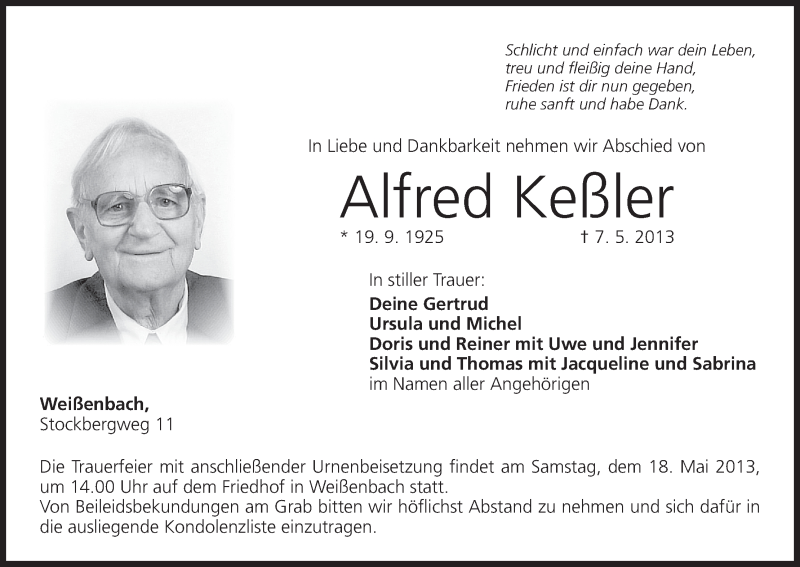 Alfred Ke Ler Traueranzeige Trauer Infranken De