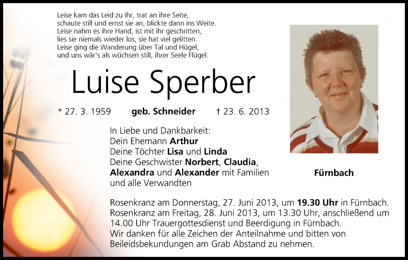  Traueranzeige für Luise Sperber vom 25.06.2013 aus MGO