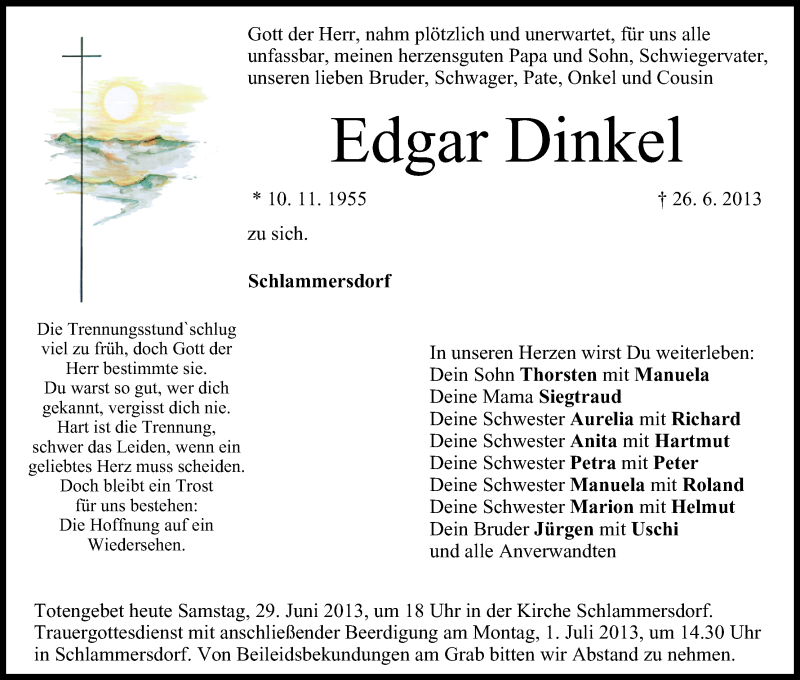  Traueranzeige für Edgar Dinkel vom 29.06.2013 aus MGO