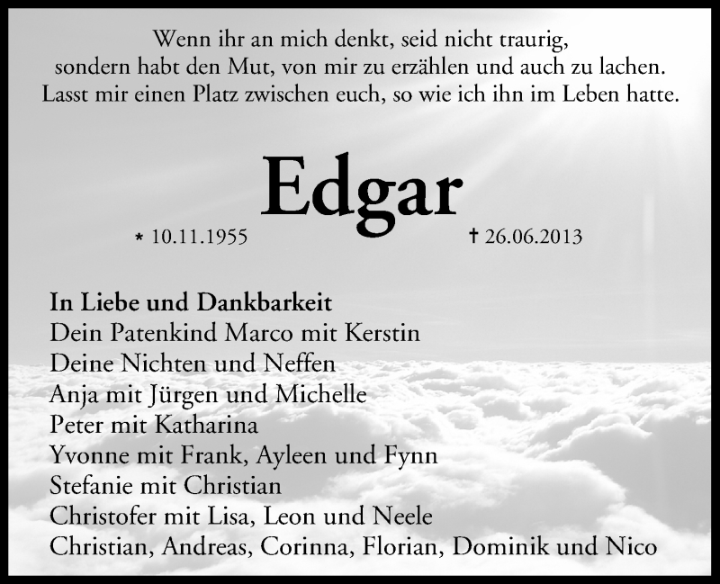  Traueranzeige für Edgar Dinkel vom 29.06.2013 aus MGO