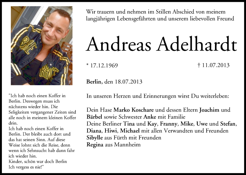  Traueranzeige für Andreas Adelhardt vom 20.07.2013 aus MGO