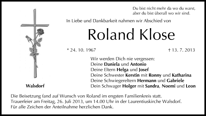  Traueranzeige für Roland Klose vom 20.07.2013 aus MGO