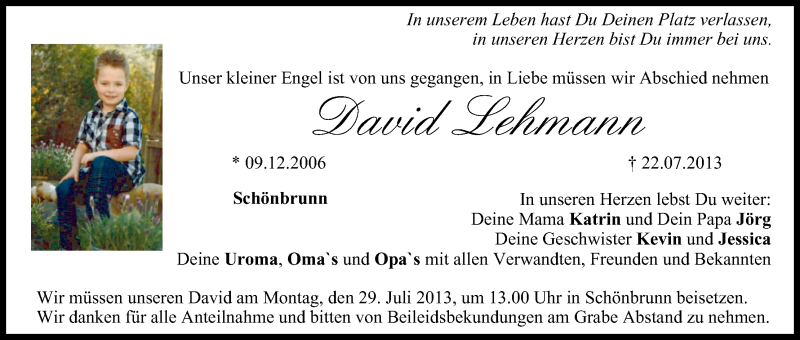  Traueranzeige für David Lehmann vom 27.07.2013 aus MGO