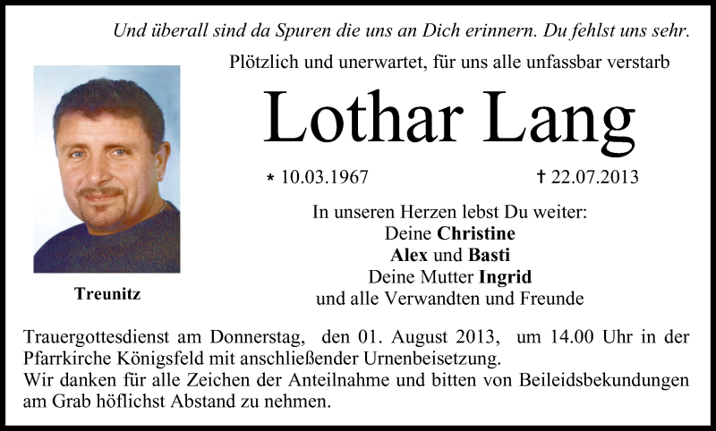  Traueranzeige für Lothar Lang vom 27.07.2013 aus MGO