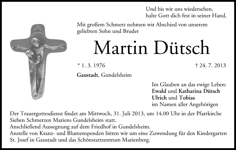  Traueranzeige für Martin Dütsch vom 27.07.2013 aus MGO