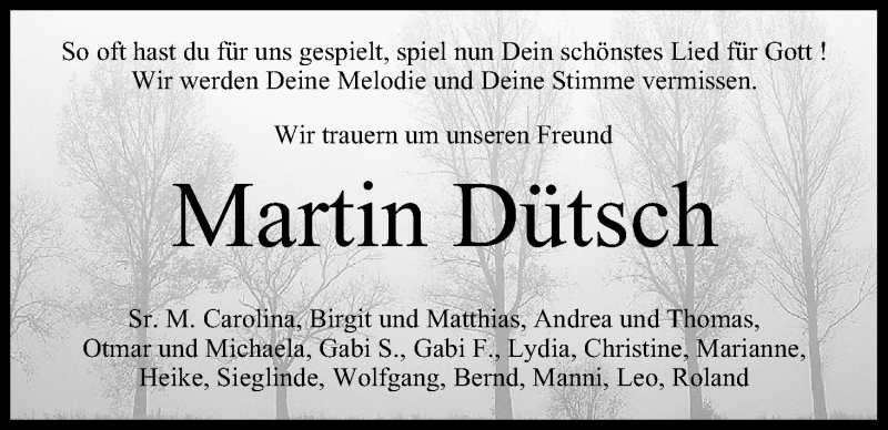 Traueranzeige für Martin Dütsch vom 31.07.2013 aus MGO