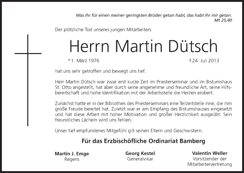  Traueranzeige für Martin Dütsch vom 30.07.2013 aus MGO
