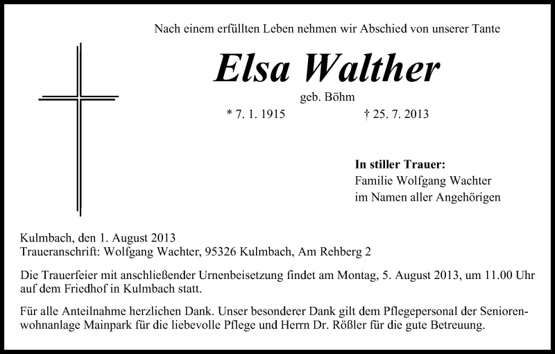 Elsa Walther Traueranzeige Trauer Infranken De