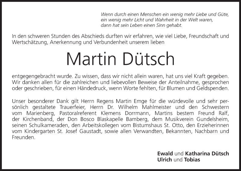  Traueranzeige für Martin Dütsch vom 10.08.2013 aus MGO