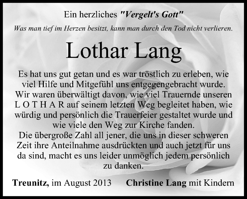  Traueranzeige für Lothar Lang vom 10.08.2013 aus MGO
