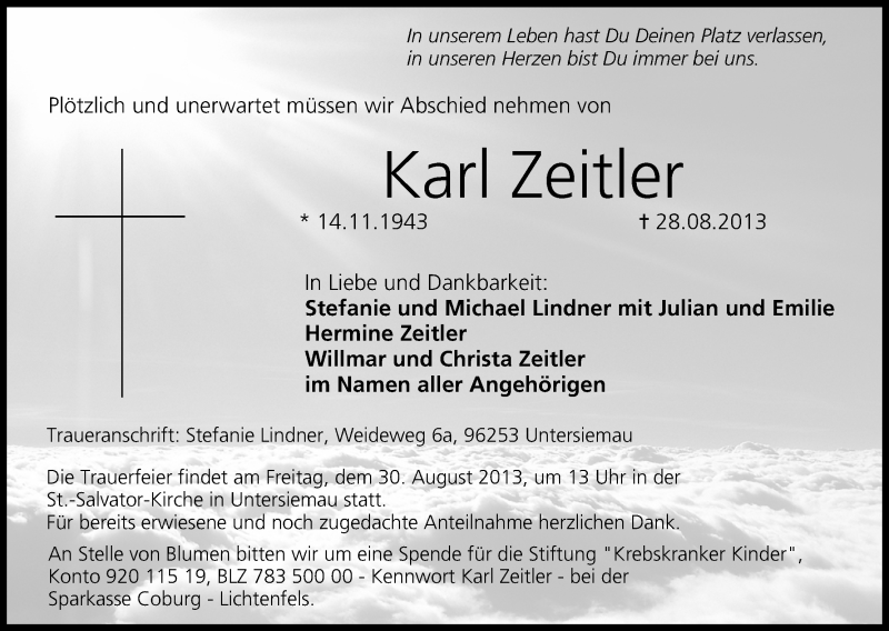  Traueranzeige für Karl Zeitler vom 29.08.2013 aus MGO