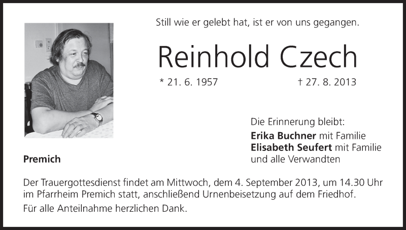  Traueranzeige für Reinhold Czech vom 31.08.2013 aus MGO