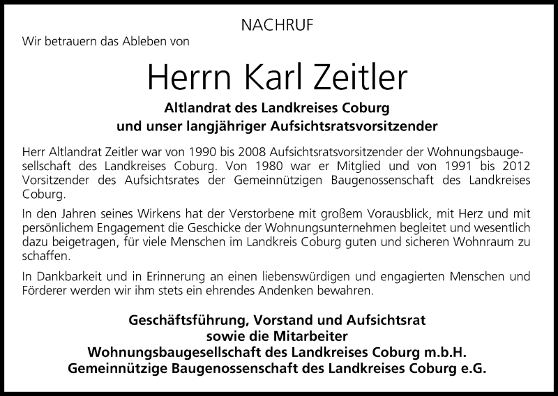  Traueranzeige für Karl Zeitler vom 30.08.2013 aus MGO
