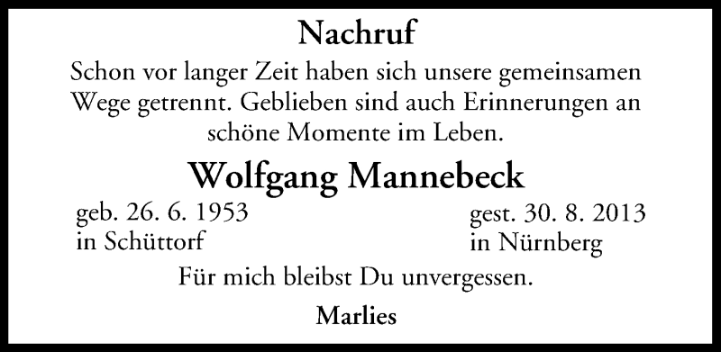  Traueranzeige für Wolfgang Mannebeck vom 21.09.2013 aus MGO