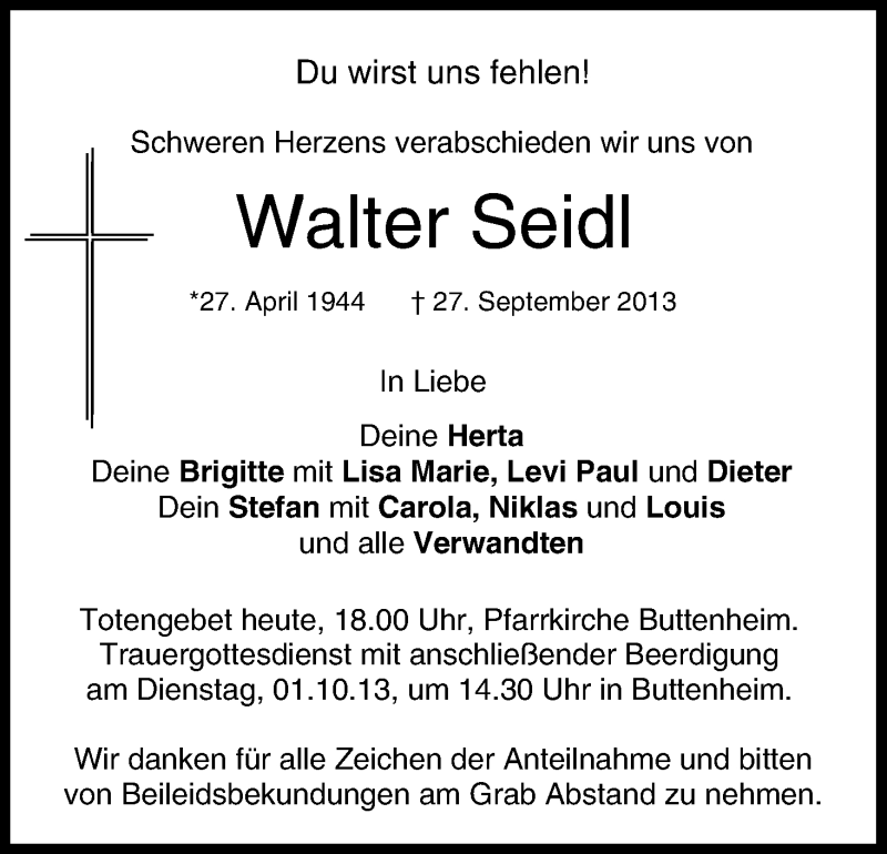 Traueranzeige für Walter Seidl vom 30.09.2013 aus MGO