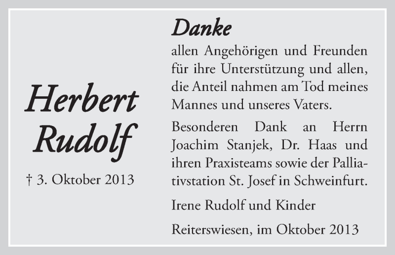  Traueranzeige für Herbert Rudolf vom 19.10.2013 aus MGO