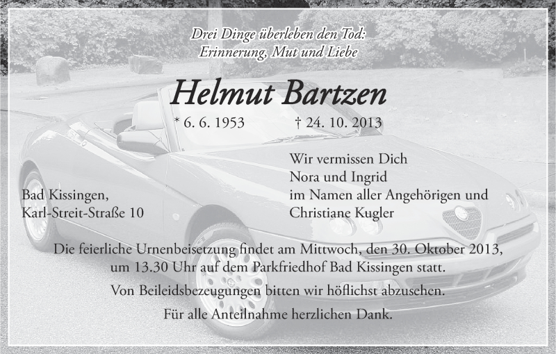  Traueranzeige für Helmut Bartzen vom 26.10.2013 aus MGO