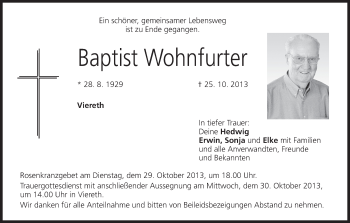 Baptist Wohnfurter Traueranzeige Trauer Infranken De