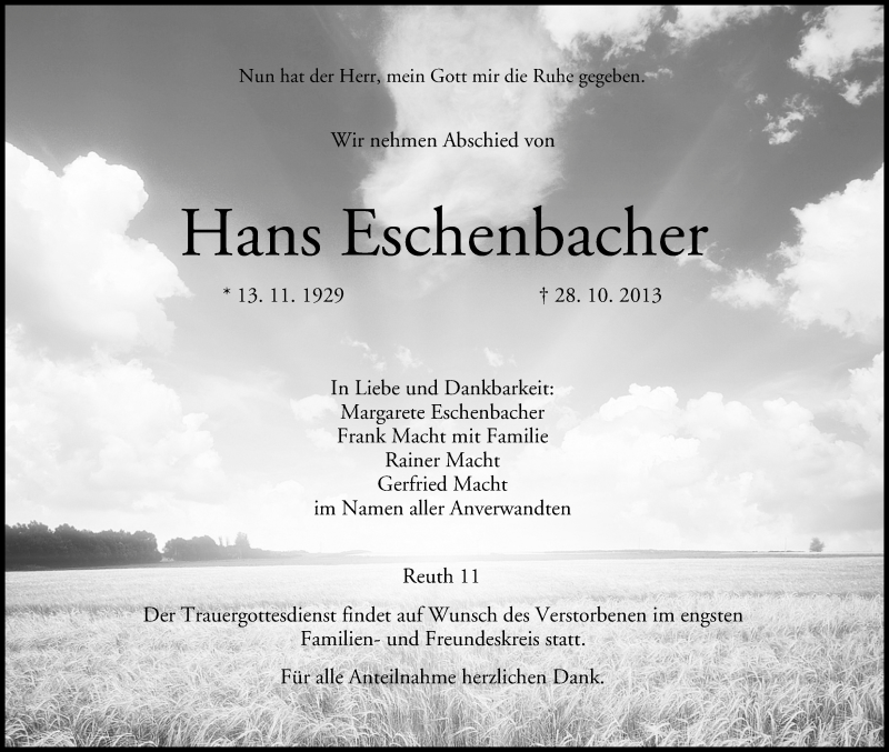  Traueranzeige für Hans Eschenbacher vom 31.10.2013 aus MGO