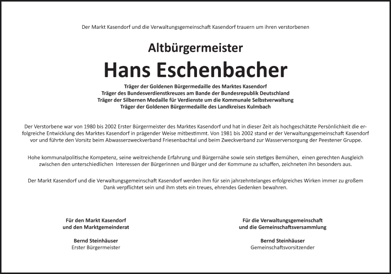  Traueranzeige für Hans Eschenbacher vom 31.10.2013 aus MGO