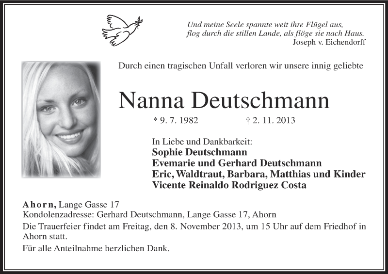  Traueranzeige für Nanna Deutschmann vom 06.11.2013 aus MGO