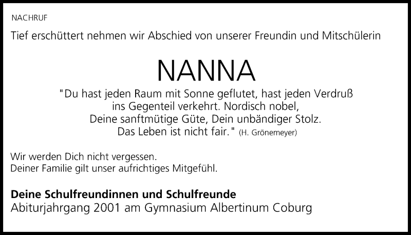  Traueranzeige für Nanna Deutschmann vom 08.11.2013 aus MGO