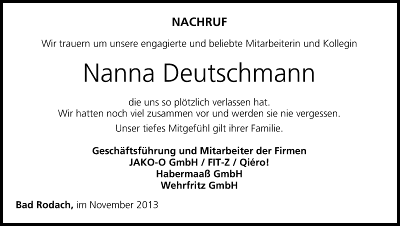  Traueranzeige für Nanna Deutschmann vom 08.11.2013 aus MGO