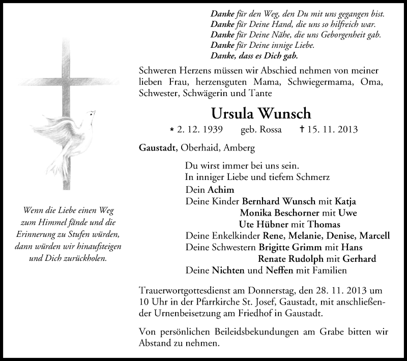  Traueranzeige für Ursula Wunsch vom 23.11.2013 aus MGO