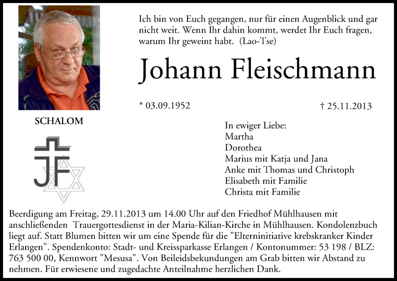  Traueranzeige für Johann Fleischmann vom 27.11.2013 aus MGO