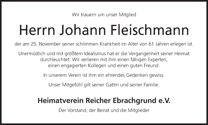  Traueranzeige für Johann Fleischmann vom 29.11.2013 aus MGO