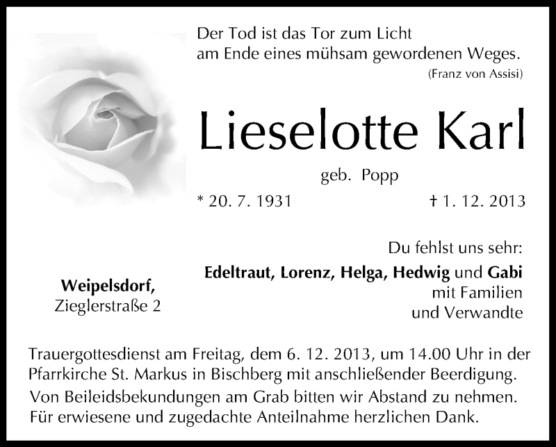  Traueranzeige für Lieselotte Karl vom 04.12.2013 aus MGO