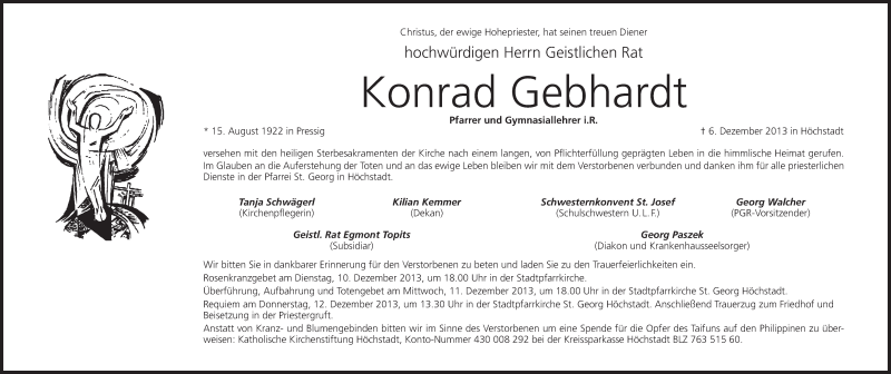  Traueranzeige für Konrad Gebhardt vom 09.12.2013 aus MGO